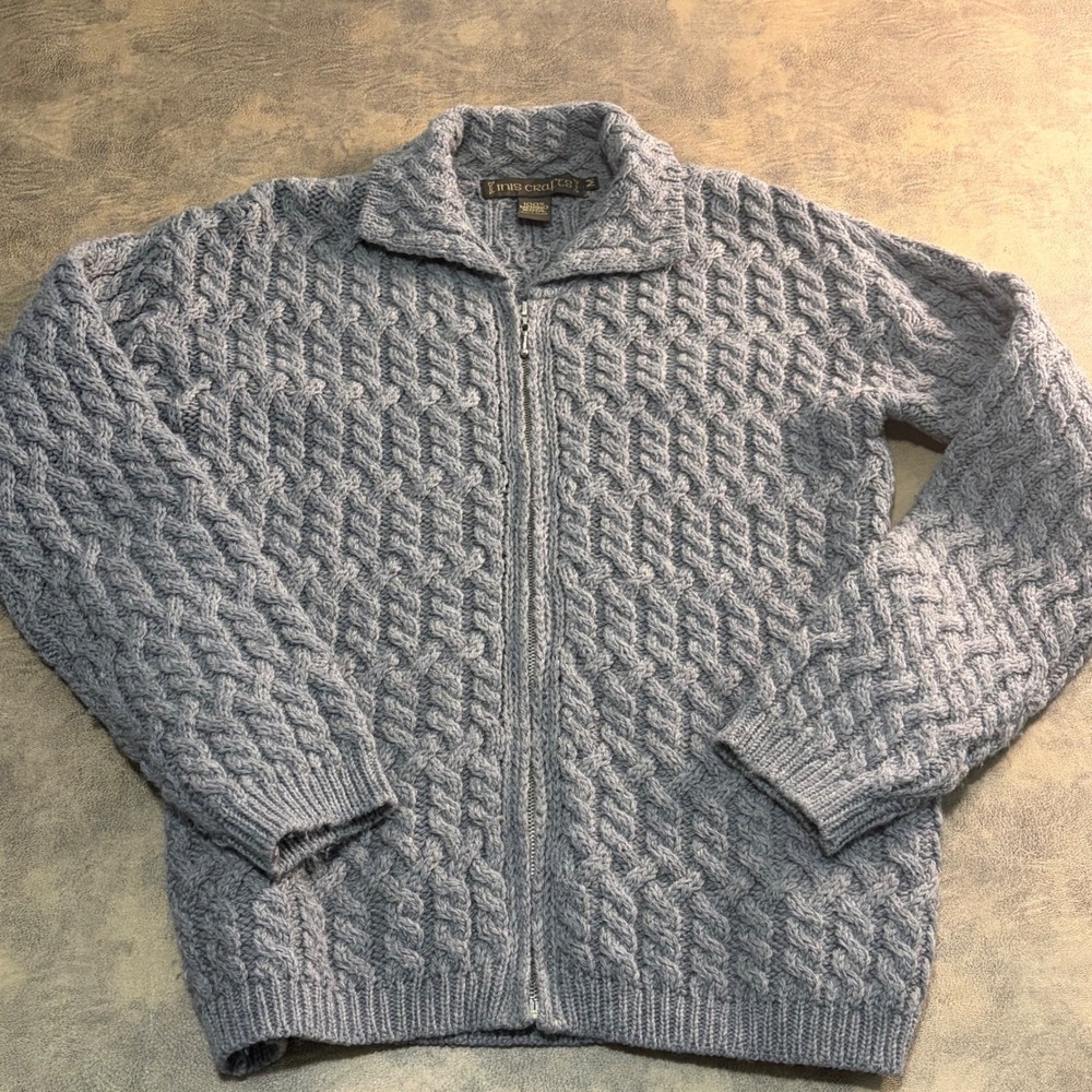 Inis Crafts Zip Cardigan Womens M Grey Merino Wool Cable Knit Sweater Ireland